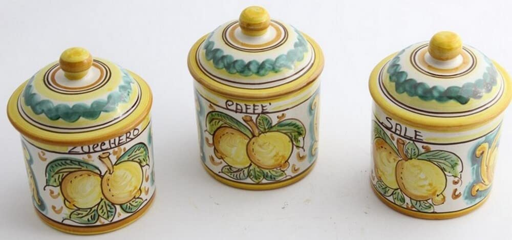 Generico Set barattoli sale zucchero caffè in ceramica siciliana giallo e verde di santo stefano di camastra decorata a mano Limoni Art 8