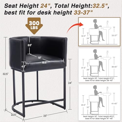 Image of HNY Black Modern Barrel Counter Height Bar Stool, 24 Inch PU Leather Kitchen Barstool with Back for Island, with Black Metal Tubular Frame