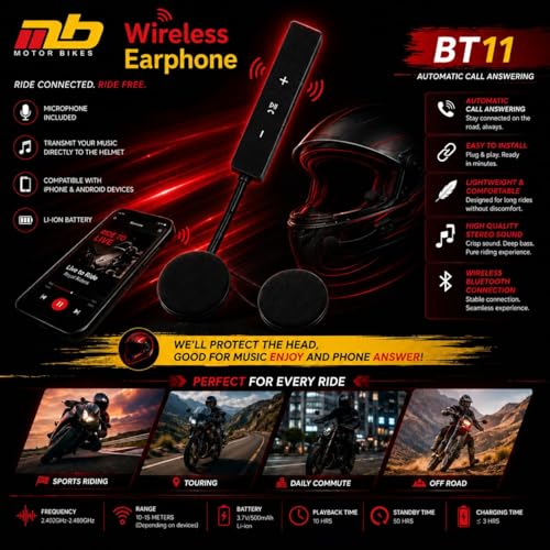 Image of Wireless Helmet Bluetooth Headset with Mic and Type C Charging | Hd Music Hands Free Calling and Voice Assistant | Universal Fit Motorcycle Helmet Bluetooth Device Black