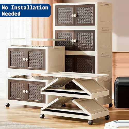 Image of House of Quirk Rattan Design Foldable Storage Box with Wheels, Stackable Storage Bins with Lid, Multi-Purpose Organizer, Space-Saving Storage Cabinet for Home (Cream /Brown, 4 Layer)