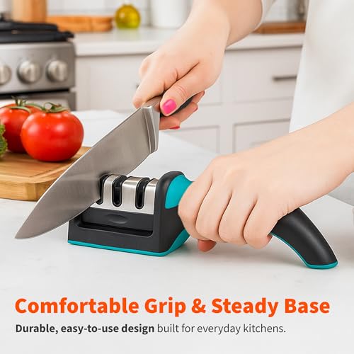 Image of IMUSA Kitchen Knife Sharpener, Manual, Coarse to Fine, Non-Slip Base | Tungsten steel blades with ceramic rods, ergonomic grip, ambidextrous, not for serrated knives or scissors