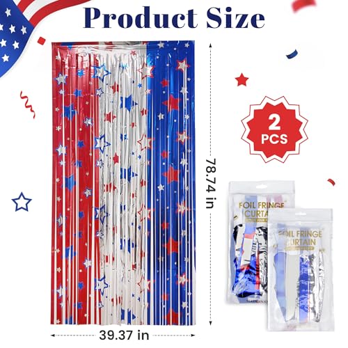 Image of 4th of July Foil Fringe Curtains Red White Blue Decorations | 2 Pack, Independence Day, Patriotic Party Backdrop, Streamers