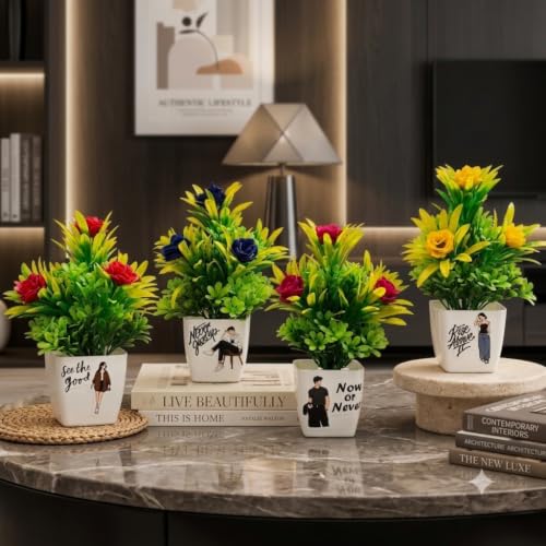 Image of 4 Pack Artificial Plants with Smiley Pot for Home Decoration, Decorative Plastic Flower Plant for Office Desk, Living Room, Bedroom & Table Decoration Artificial Flower Plants
