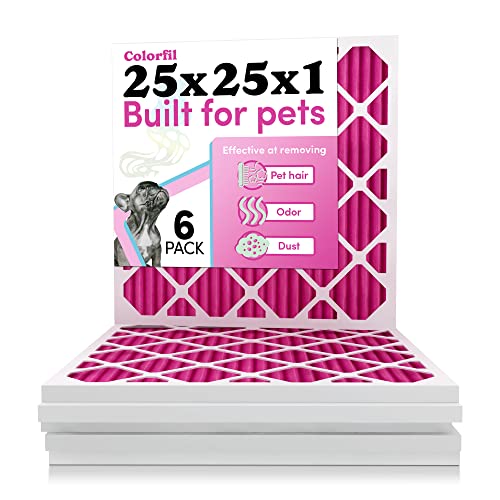 Image of 25x25x1 Air Filter by Colorfil | Color Changing Filters for Cat and Dog Odor | MERV 8 Furnace AC Filter for Pet Hair and Dust | 24.5 inchx24.5 inchx0.75 inch Exact Size | Pack of 6