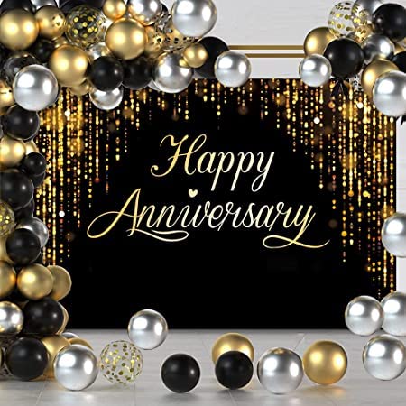 Image of Happy Anniversary Backdrop Party Decorations, Black Gold Glitter Bokeh Dots Wedding Anniversary Party Photo Background Cake Table Banner Extra Large Wall Decor Props 6 * 4ft Valentine's Day