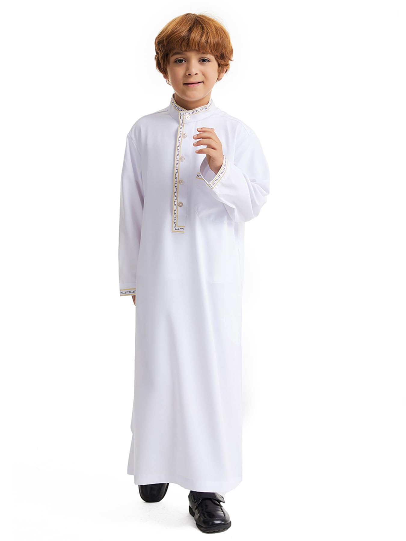 Qianliniuinc Robe islamique à col rond pour garçon - Manches longues - Robe musulmane avec poches