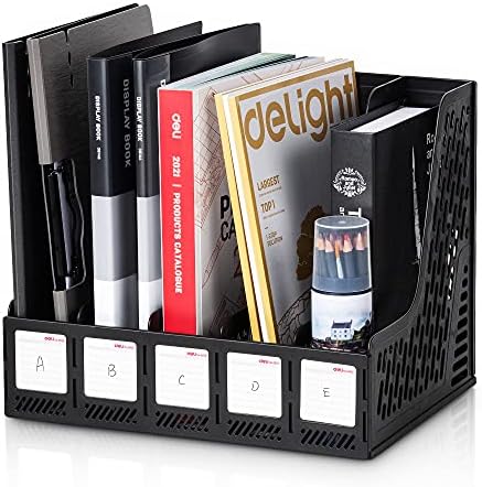 Deli Magazine File Holder 3 Sections Durable Plastic File Book Divider Desktop Document Cabinet Organiser, Magazine Rack, Black