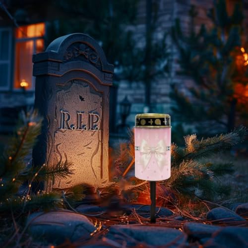 Image of Poceacles Outdoor Solar Lights Garden Cemetery Flameless Candle Water Resistant Pillar Candle Solar Garden Stake Lights for Cemetery Grave Decorations, Pink Ribbon Bow Cherry Blossom