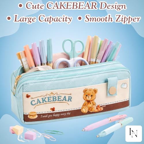 Image of Large Capacity Pencil Pouch Aesthetic Pencil Bag Multiple Compartments Girl Cute Stationery School College Pouch Travel Pouch for Girls Kids School Accessories (Blue Cakebear)