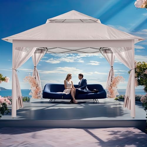 yoyomax 13X13 Outdoor Pop Up Gazebo with Netting, Portable Gazebo Waterproof Patio Canopy Shelter with Double Roof Tops and 169 Square Feet of Shade for Beach Parties, Camping and Picnics - Khaki