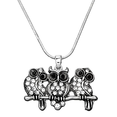 Falari Owl Pendant Necklace Rhinestone Crystal Rhodium High Polished