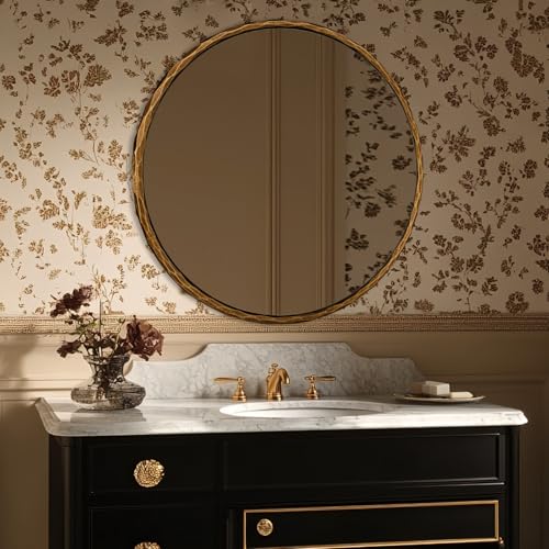 Image of ANDY STAR 30 Inch Hand-Forged Round Gold Mirrors, Hammered Round Bathroom Mirror for Over Sink, Brass Vanity Circle Mirror for Antique, Vintage, Farmhouse, Rustic, Solid Steel Metal Frame