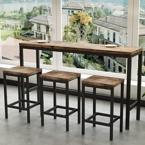 Bladez Mesa de bar con juego de taburetes para 3 personas, 148 cm, mesa de bistró, mesa alta de cocina, mesa rectangular estrecha con estructura de metal negro para cocina, salón, comedor (natural)