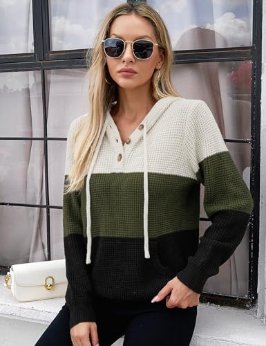Image of CiCiBird Women's Fall Hoodies Sweater V Neck Waffle Knit Top with Pocket | Loose Fit, V Neck Button, Adjustable Drawstring, Long Sleeve, Kangaroo Pocket, Weekend Errands, Daily Wear, Work Casual