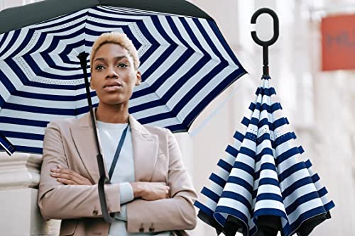 Mrtlloa Windproof Inverted Reverse Umbrella With Uv Protection, C-Shaped Handle Double Layer Stick Umbrella For Rain (Blue Strip) #TOP1