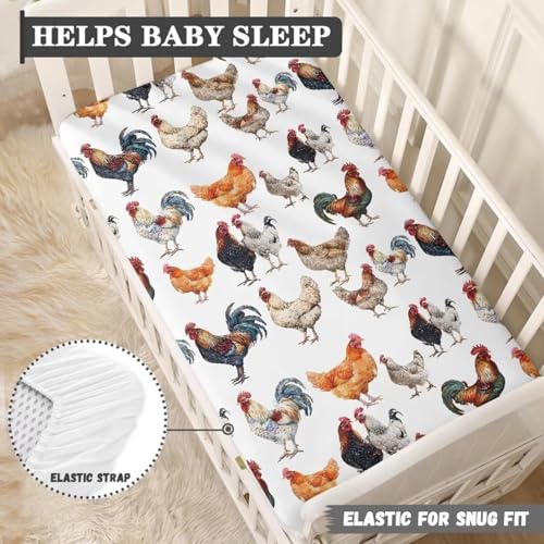 Image of Vintage Rooster Fitted Crib Sheet for Baby Girls Boys Bed Sheet Set Toddler Mattress Sheets for Standard Crib 28 inch x 52 inch, White