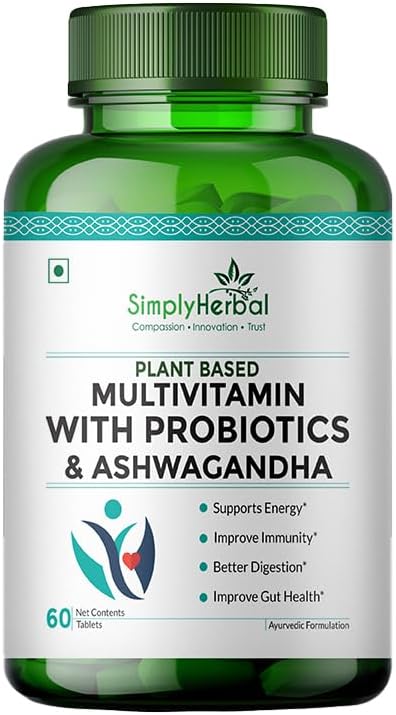 Simply Herbal Multivitamin with Probiotics & Ashwagandha Tablets Improves Immunity & Digestion, Supplement for Men and Women, Boost Energy, Supports Bone & Skin Health, Stress Relief - 60 Veg Tablets