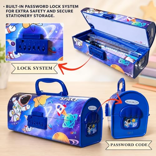 Image of Space Astronaut Lock Compass Box for Kids | 3-Digit Password Pencil Box | Large Capacity Stationery Organizer Case for School Boys & Girls | Durable Plastic Pencil Case