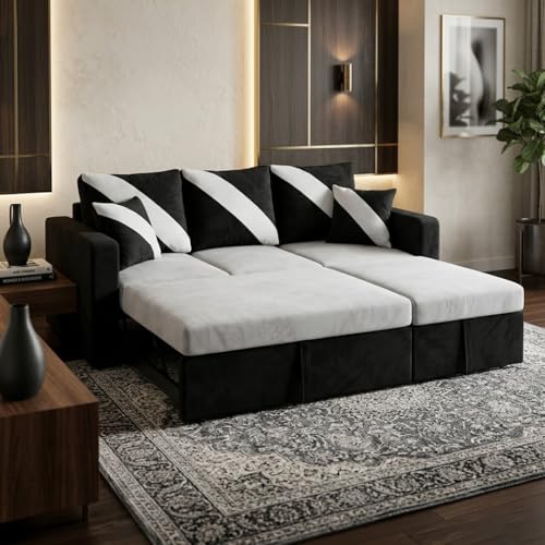 Image of FURNY Trivia 4 Seater RHS Lounger Sofa Cum Bed (Light Gray - Black) with Pull-Out Function | Luxury Velvet Suede Finish | Durable Comfort | Ideal for Living Room