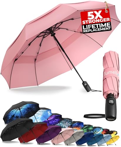TUMELLA Strongest Windproof Travel Umbrella (Compact Superior & Beautiful) Small Strong but Light Portable and Automatic Folding Rain Umbrella Durable Premium Grip Fits Car and Backpack