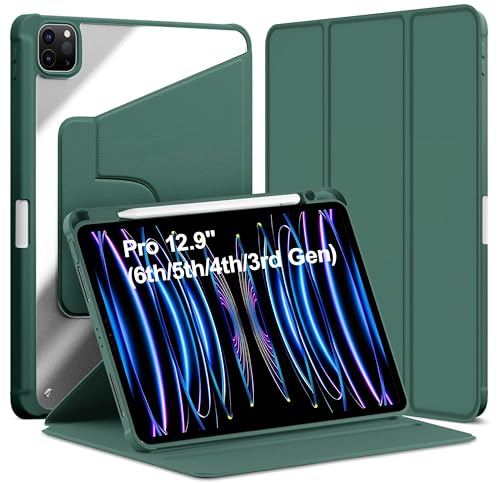 Image of TGK Rotating Case for iPad Pro 12.9 inch (2022 /2021 /2020 /2018, 6th /5th /4th /3rd Gen) with Pencil Holder 360 Degree Rotation Protective Trifold Stand Cover Clear Back (Forest Green)