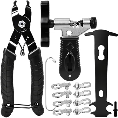 SBGGRL Kettenschloss Zange Set, Fahrradkette Kürzen Werkzeug, Kettenbrecher, Kettenzange Kettenspanner und Kettenlehre, 4 Paar fehlende Glieder für einzelne 6/7/8/9/10/11-fach- Fahrradkette Set