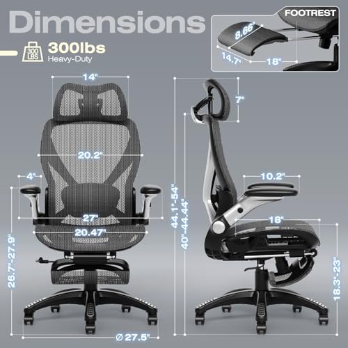 ELABEST X100 Ergonomic Mesh Office Chair with Footrest, Big and Tall Hone Desk Chair with 5D Flip-Up Arms, Adjustable 3D Lumbar Support,Gaming & Executive Computer Chairs - Thumbnail 4