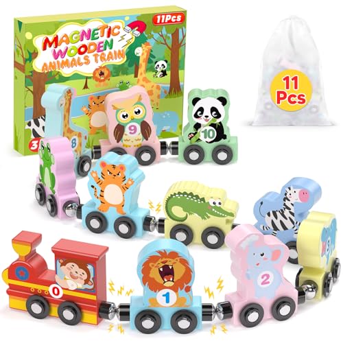 11 pcs magnetic train set montessori toys for 1 2 3 years old toddlers boys girls wooden animals preschool learning activities educational sensory toys birthday gifts ages 1-3 2-4