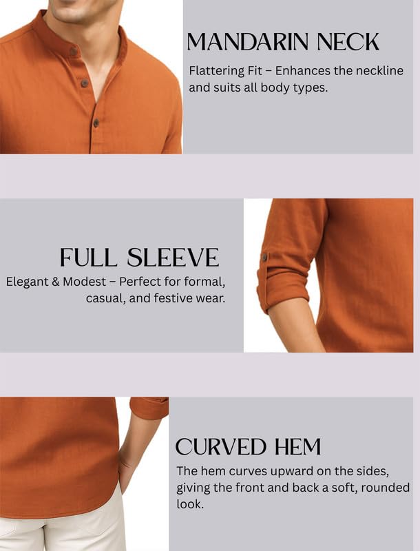 Image of DEEMOON Men's Cotton Blend Solid Regular Fit Full Sleeve Short Kurta | Men's Trendy Short Kurta