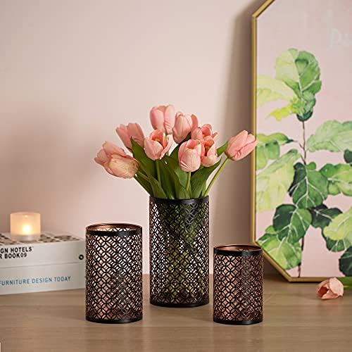 Romadedi Candle Holder Set of 3 Metal for Pillar Candle Hurricane Bronze Candlestick Holder Retro, Wedding Party Home Mantel Dining Table Centerpiece Decoration Indoor Outdoor, Black & Gold