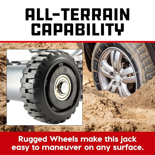 Image of Powerbuilt Biggie Smalls 2.5-Ton Off-Road Trolley Jack with 4 inch Oversized Wheels, Saddle Extension, Integrated Handle Storage, Portable Design for SUVs, Trucks, and Off-Road Vehicles 620683ECE