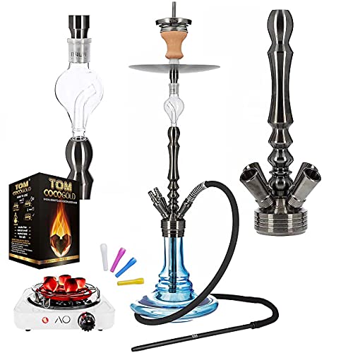 INVI Tesseract Shisha, Edelstahl, 76 cm, Premium-Shisha-Set mit 4 Schlauchanschlüssen, Molassefänger, Closed Chamber…