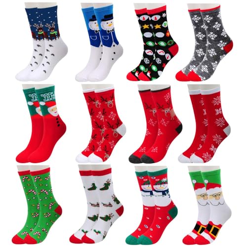 Vertvie Unisex 12 Paire Chaussettes Noël en Coton Imprimé Motif Fantaisie Socquettes Socks Respirant Doux Hiver (Taille Unique, 12 Couleurs Mixtes F)