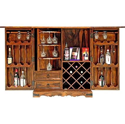 THE KASHTH Mango Wooden Wine Rack Bar Cabinets | Storage Drawers | Cabinet for Living Room | Home Decore Furniture | Wine Glass Rack for Living Room in Honey Finish