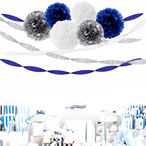 Image of Navy-Blue White- Silver Crepe Paper Streamers - 9 Rolls Royal Blue Graduation 2025 Men Boy Birthday Party Decorations Streamer Wedding Bridal Shower Paper Garland Fathers Day Decor Panduola