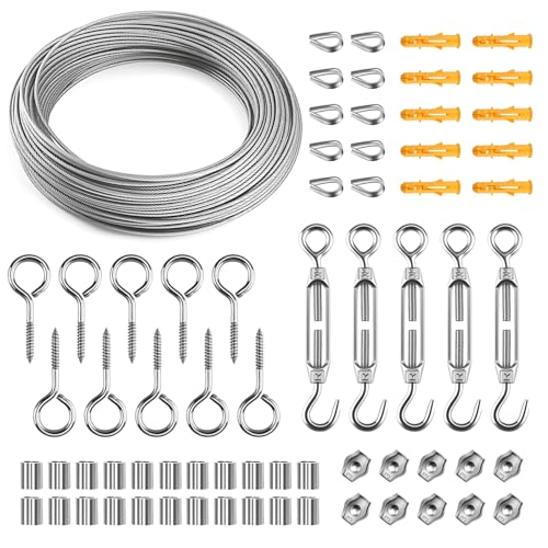 Foydream 68 Pezzi Cavo Acciaio, 40m/3mm Set Di Sospensione Per Cavi In Acciaio Inossidabile, Fune Acciaio PVC Rivestito, Filo Stendibiancheria per Esterno, Appendere Lamp, Recinzione e Giardino