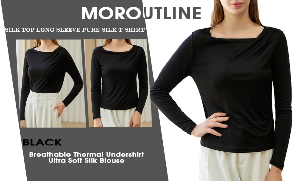 Women's Silk Top Long Sleeve Pure Silk T Shirt Breathable Thermal Undershirt Ultra Soft Silk Blouse - Image 2