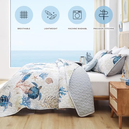 weigelia Coastal Quilt Set King Size - Sea Turtle Ocean Print Lightweight Soft Microfiber Summer Comforter with 2 Pillow Cases - Beach Bedding Coverlet Decor for All Seasons, Bedroom & Guest Room - Image 4