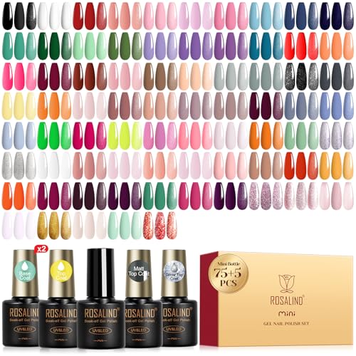 Image of ROSALIND 80PCS Gel Polish Set, 75 Colors Gel Nail Polish with Glossy Matte Glitter Top Coat Base Coat Multi-Colred u v Nail Polish Kit Soak Off Nail Set for Women