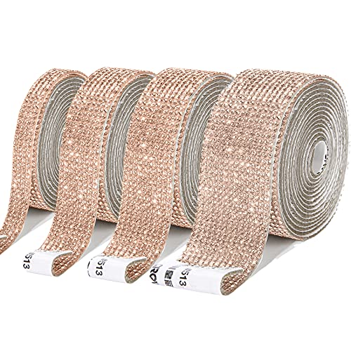 4 Rolls 4 Yards Self Adhesive Crystal Rhinestone Diamond Ribbon, Bling Rhinestones Sticker DIY Car Decoration Sticker Glitter Rhinestones Crystal Gem Stickers for Car & Gift Decoration (Rose Gold)