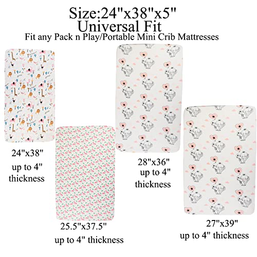 Image of Pack n Play Sheet Stretchy Fitted Portable Mini Crib Sheets Set 3 Pack,Playard Sheets Convertible Playard Mattress Cover,Ultra Soft Jersey Material,Flamingo Elephant & Lion