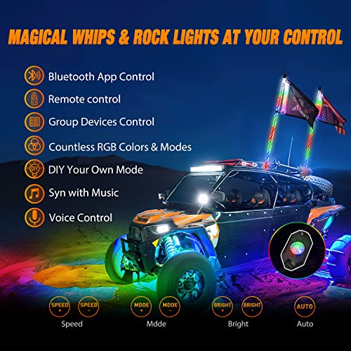 Image of Nilight 2PCS 4FT RGB LED Whip Light and 4 PCS Rock Lights Combo, Remote & App Control w /DIY Chasing Patterns Stop Turn Reverse Safety Antenna Lighted Whips for ATV UTV