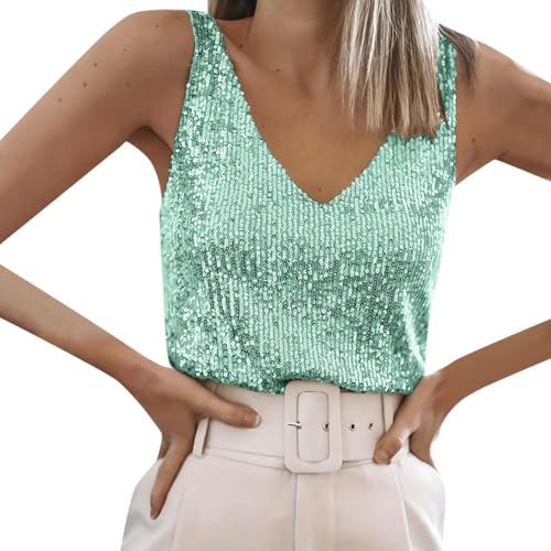 Camiseta sin Mangas con Lentejuelas para Mujer Camisetas Sin Mangas con Brillos Y Brillos Top con Lentejuelas Brillantes Camisetas sin Mangas con Purpurina para Fiestas Rave Top Verano Cuello en V