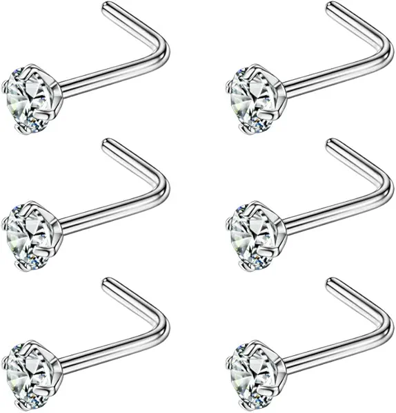 FANSING Nose Studs for Women Men L Shaped Nose Rings Surgical Steel Nostril Piercing Jewelry with Cubic Zirconia End