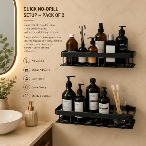 Image of OSLEN Pack of 2 Self Adhesive Bathroom Shelf, Metal Wall Mounted Shower Storage Rack, No Drill Bathroom Shelf Organizer, Rust Proof Storage Rack for Bathroom & Kitchen, Strong Adhesive, Black