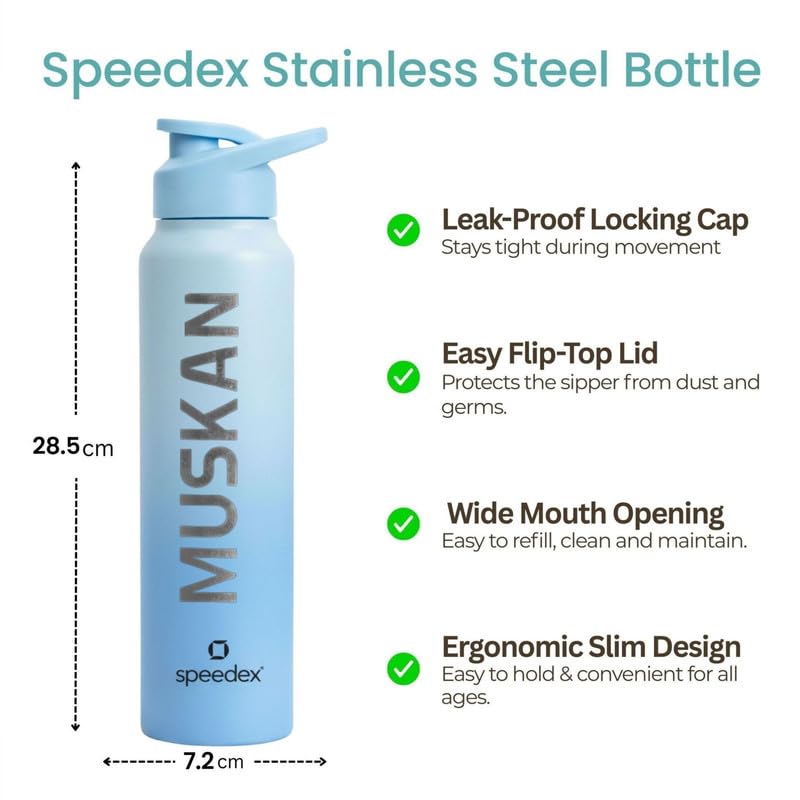 Image of Speedex Engraved Name Stainless Steel Sipper Water Bottle 1 Ltr - Customised Personalised Bottle for Kids & Adults, School, Gym, Sports, Dual Blue, Set of 1