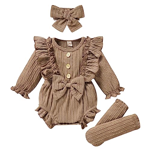 Image of GRNSHTS Newborn Baby Girl Clothes Ruffle Solid Sweater Long Sleeve Romper+Hairband+Socks 3Pcs Fall Winter Outfits