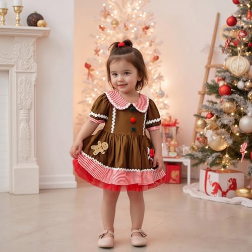 Adobabirl Toddler Baby Girl Christmas Gingerbread Dress Doll Collar Bubble Short Sleeve Christmas Tutu Dresses for Girls2