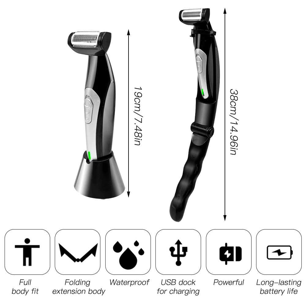 Rasoio Schiena Uomo,HOVCEH Elettrico Rasoio Corpo Uomo con Impugnatura Rimovibile, Multifunzionale Rasoio Elettrico Corpo Bagnato e asciutto Ergonomico Rasoio per la Schiena per Tutto il Corpo
