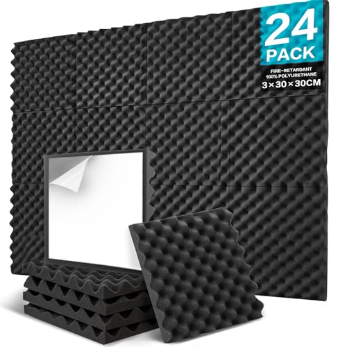 JBER 24 Stück Akustikpaneele Selbstklebend, Schallschutzplatten 30 x 30 x 3 cm, Hochdichte Akustikschaumstoff Wandpaneele für Aufnahmestudio, Heimbüro, Schlafzimmer, Spielzimmer